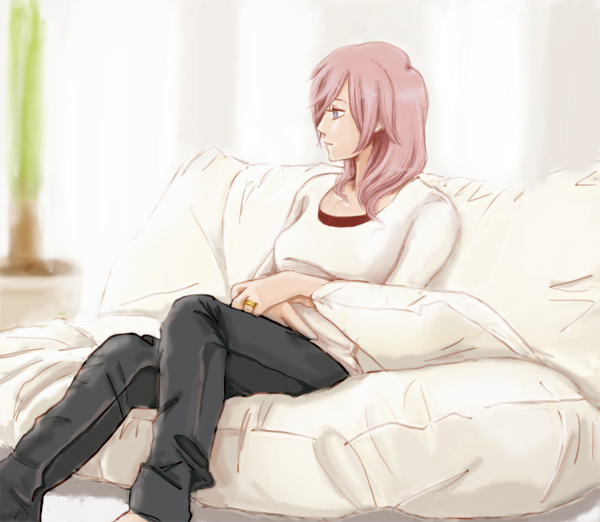casual couch final_fantasy final_fantasy_xiii honey_cherry jeans jewelry lightning_farron long_hair pink_hair ring sitting