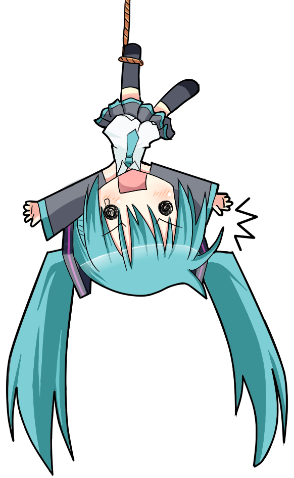 chibi detached_sleeves hanging hatsune_miku long_hair necktie niboss rope skirt teardrop thigh-highs thighhighs transparent_background twintails upside-down vocaloid