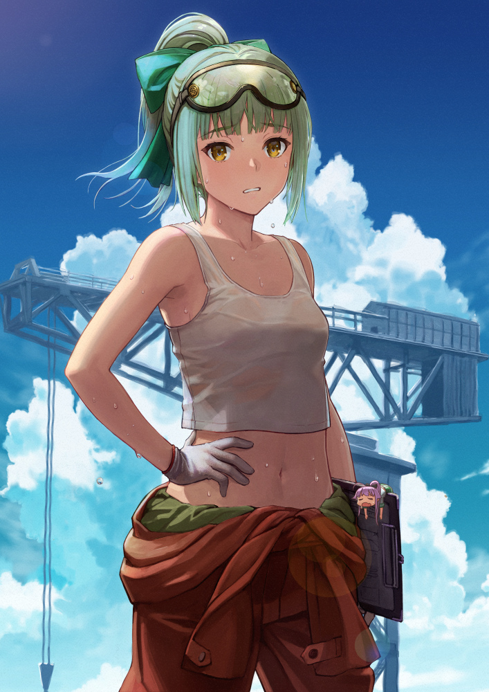 1girl blue_sky chibi cloud construction crane gloves goggles green_hair hair_bow hand_on_hip kantai_collection long_hair looking_at_viewer navel ponytail ribbon scenery sleeveless sweat sweating_profusely wet wet_clothes yellow_eyes yuubari_(kantai_collection)