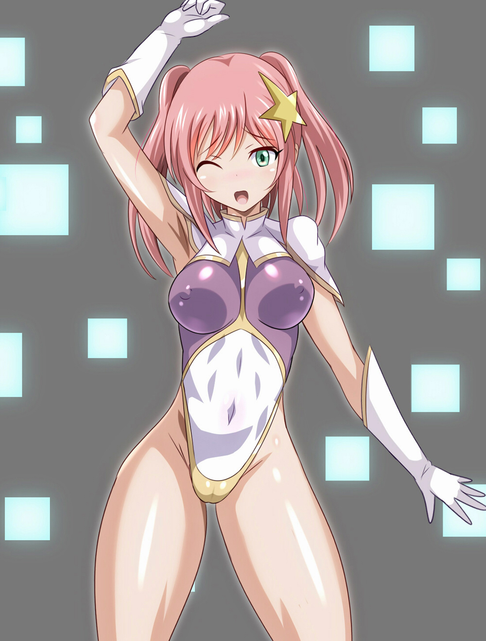 1girl arm_up breasts commentary_request cosplay covered_navel cowboy_shot gloves green_eyes gundam_breaker_mobile hair_ornament heigani_(rovesuke) highleg highleg_leotard highres leotard long_hair looking_at_viewer medium_breasts meer_campbell meer_campbell_(cosplay) miyama_sana multicolored_leotard pink_hair solo star_(symbol) star_hair_ornament two_side_up white_gloves
