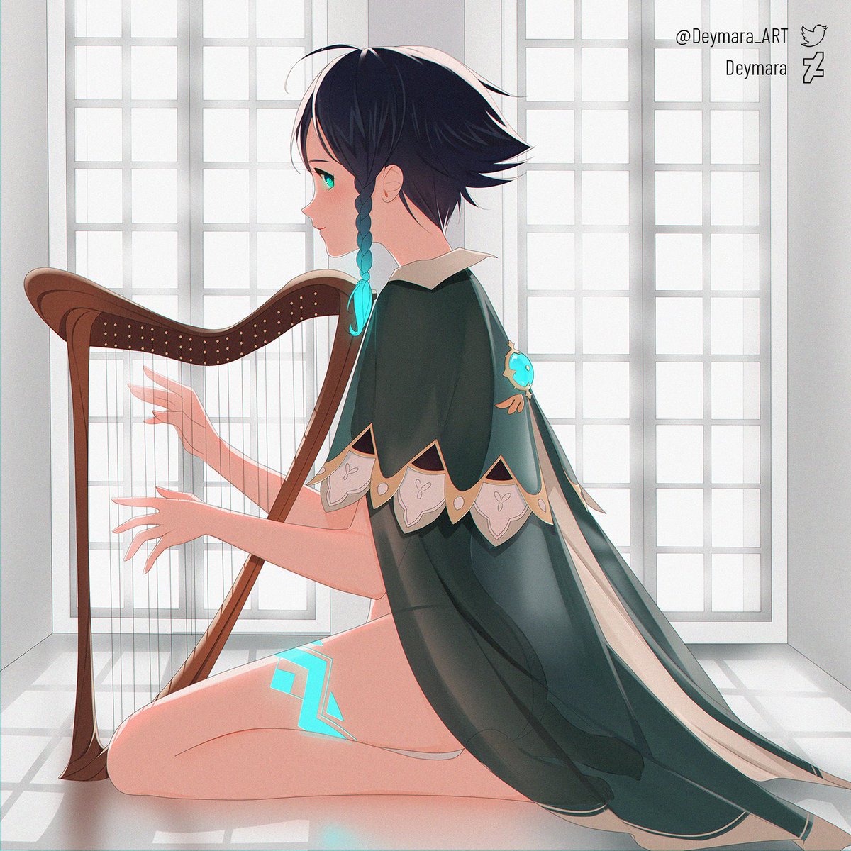 1boy androgynous artist_name bangs black_hair blue_hair blush braid cape collared_cape commentary_request deymara genshin_impact gradient_hair green_eyes harp highres instrument leg_tattoo looking_at_viewer male_focus multicolored_hair naked_cape seiza short_hair_with_long_locks side_braids sidelocks sitting solo tattoo twin_braids twitter_username venti_(genshin_impact) window