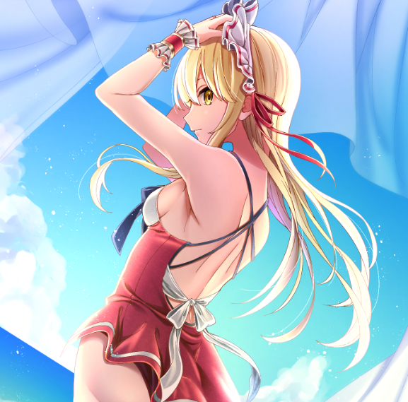1girl backless_dress backless_outfit blonde_hair blue_sky closed_mouth clouds dress dutch_angle floating_hair from_side hair_between_eyes hair_ribbon long_hair looking_to_the_side ocean outdoors profile red_dress red_ribbon ribbon sea_scorpion_(umisasori) short_dress shoulder_blades sky sleeveless sleeveless_dress solo summer touhou touhou_(pc-98) very_long_hair white_ribbon wrist_cuffs yellow_eyes yumeko_(touhou)
