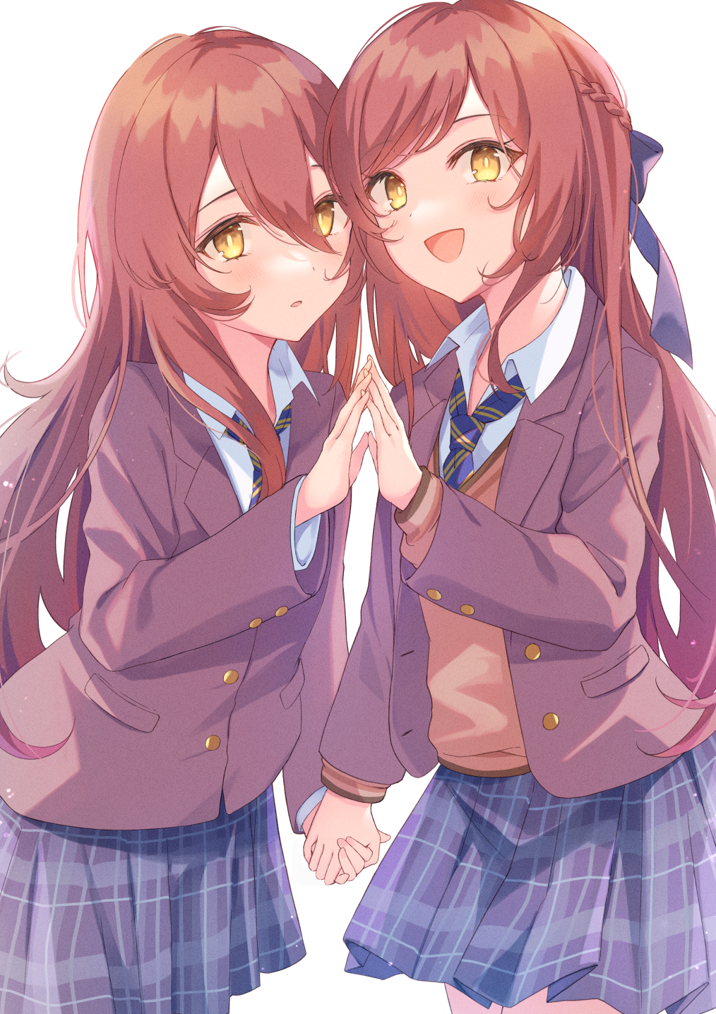 2girls absurdres beige_sweater blue_neckwear brown_eyes brown_hair collared_shirt eyebrows_visible_through_hair from_above gradient gradient_background grey_jacket hair_between_eyes hands_clasped highres idolmaster idolmaster_shiny_colors jacket long_hair looking_at_viewer multiple_girls one_eye_closed oosaki_amana oosaki_tenka open_mouth own_hands_together plaid plaid_skirt pleated_skirt school_uniform shirt siblings sidelocks skirt standing straight_hair striped striped_neckwear tachiuo_(tachiuo62) tokufumi twins white_shirt