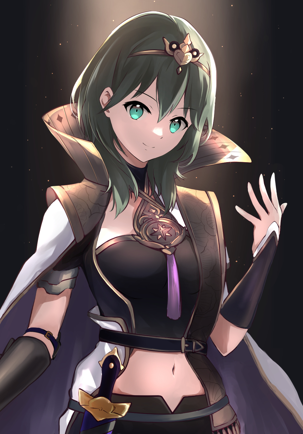 1girl alternate_hair_color bangs black_background black_shirt black_shorts breasts byleth_(fire_emblem) byleth_eisner_(female) circlet cloak closed_mouth commentary_request cowboy_shot crop_top cropped_shirt dagger enlightened_byleth_(female) eyebrows_visible_through_hair fire_emblem fire_emblem:_three_houses fire_emblem_heroes green_eyes green_hair hair_between_eyes hand_up highres knife komurice long_hair looking_at_viewer medium_breasts midriff navel sheath sheathed shirt shorts sidelocks smile solo standing tassel vambraces weapon white_cloak