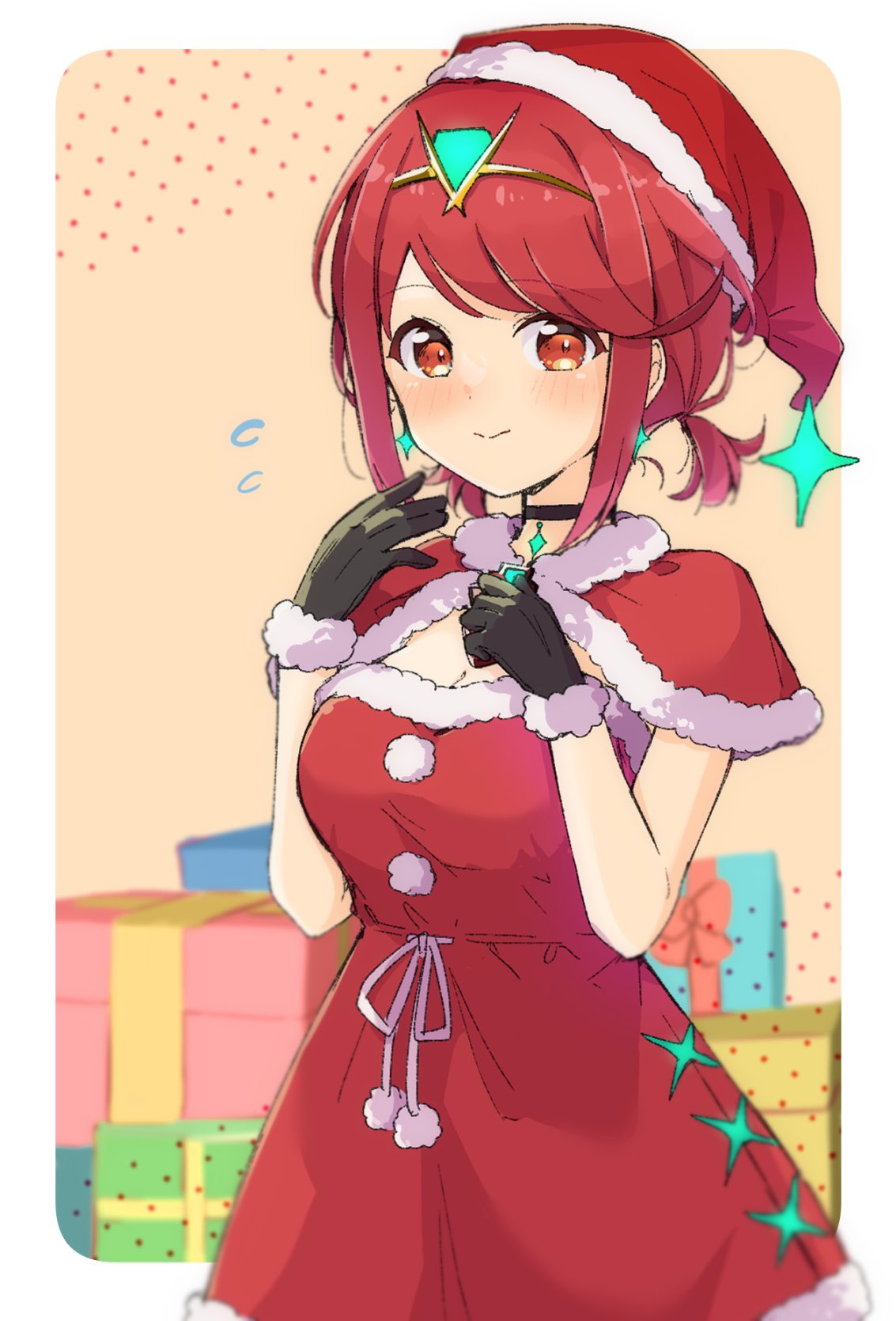 1girl adapted_costume bafarin bangs black_gloves breasts christmas earrings gift gloves hat highres jewelry large_breasts pyra_(xenoblade) red_eyes redhead santa_costume santa_gloves santa_hat short_hair solo swept_bangs tiara xenoblade_chronicles_(series) xenoblade_chronicles_2