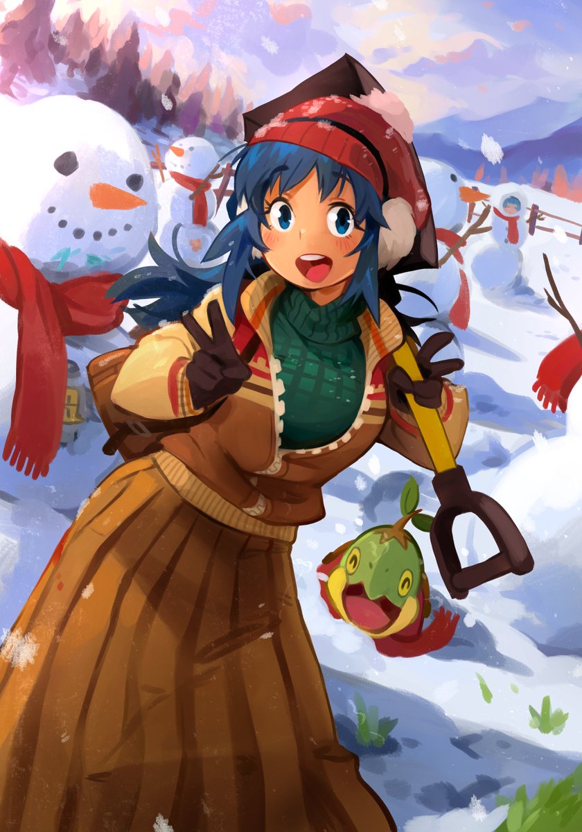 1girl :d bangs beanie blue_eyes blue_hair blush brown_gloves brown_skirt clouds commentary day double_v eyebrows_visible_through_hair fence gloves green_sweater hands_up hat highres hikari_(pokemon) holding holding_shovel jacket khyle. long_hair looking_at_viewer open_mouth outdoors partially_unzipped pleated_skirt pokemon pokemon_(creature) pokemon_(game) pokemon_bdsp red_headwear red_scarf scarf shovel skirt sky smile snow snowman standing sweater team_galactic_grunt teeth tongue turtwig upper_teeth v when_you_see_it