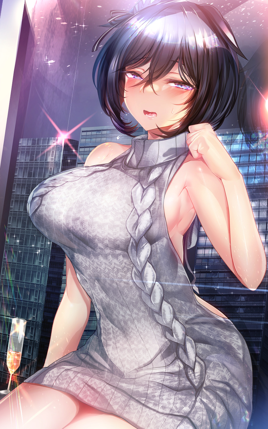 1girl alcohol animal_ears armpits bangs bare_arms bare_shoulders black_hair blush breasts building cup drinking_glass eishin_flash_(umamusume) eyebrows_behind_hair eyebrows_visible_through_hair hair_between_eyes highres horse_ears horse_girl indoors large_breasts light looking_at_viewer meme_attire night night_sky open_mouth short_hair silly_(marinkomoe) sitting sky solo sweater umamusume virgin_killer_sweater window wine wine_glass