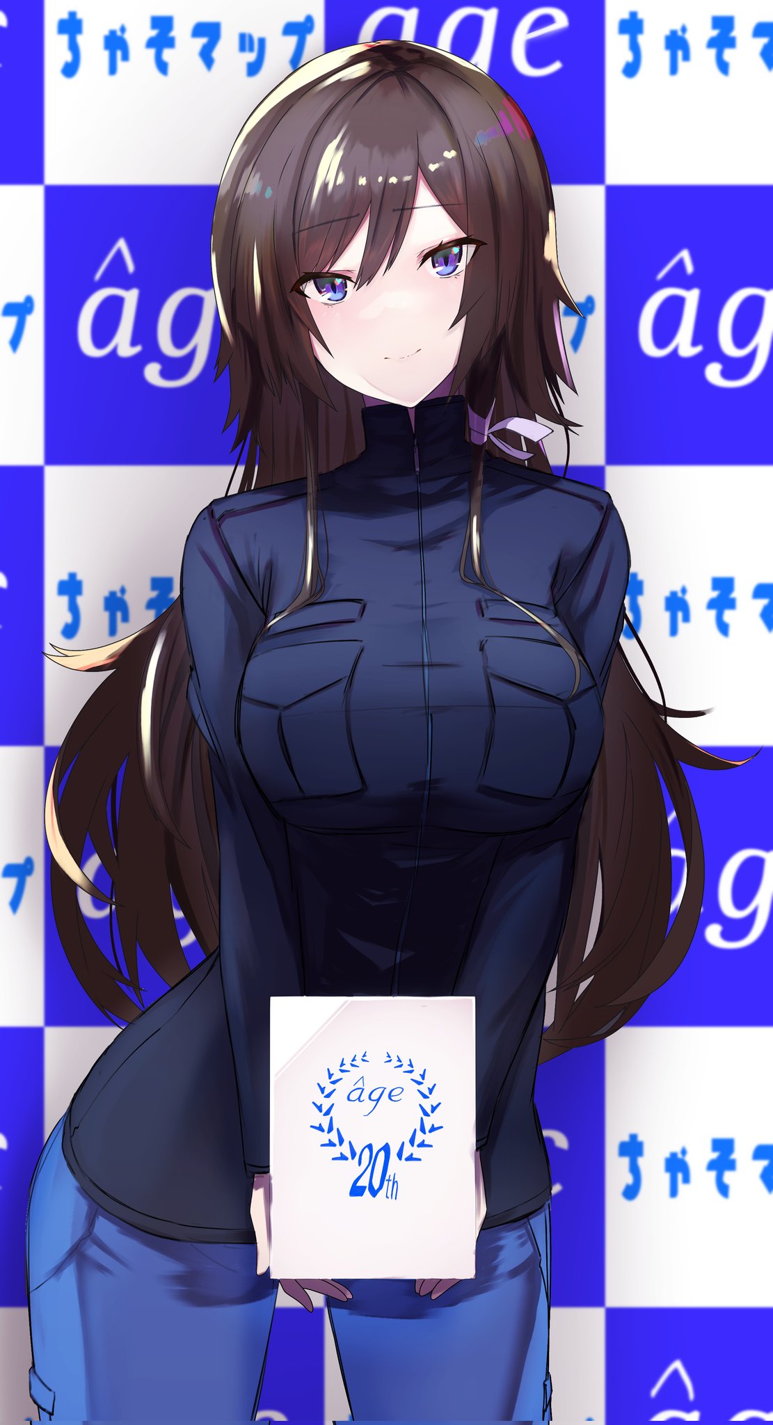 1girl bangs blue_jacket blush box breasts brown_hair commission denim eyebrows_visible_through_hair head_tilt highres holding holding_box jacket jeans large_breasts leaning_to_the_side looking_at_viewer muvluv muvluv_alternative muvluv_total_eclipse otoi_(zgmfx90e) pants second-party_source skeb_commission smile solo takamura_yui violet_eyes