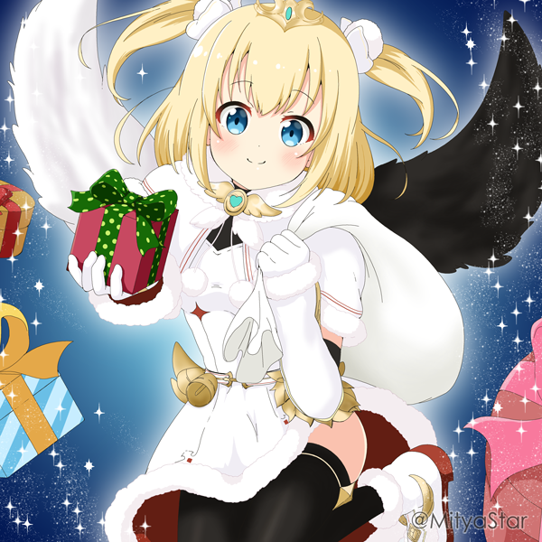 1girl bangs black_legwear black_wings blonde_hair blue_eyes boots box christmas closed_mouth commentary dress elbow_gloves english_commentary eyebrows_visible_through_hair feathered_wings fur-trimmed_boots fur-trimmed_dress fur-trimmed_sleeves fur_trim gift gift_box gloves holding holding_gift holding_sack looking_at_viewer maaru_(shironeko_project) mismatched_wings mitya sack shironeko_project short_sleeves smile solo sparkle thigh-highs tiara twitter_username two_side_up white_dress white_footwear white_gloves white_wings wings