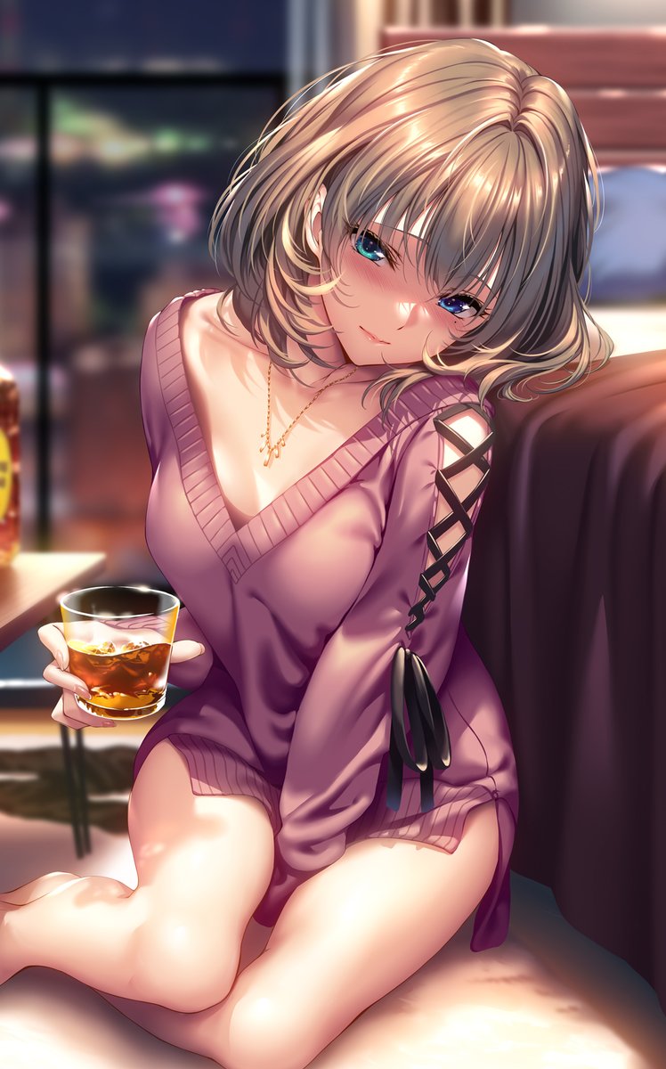 alcohol arm_between_legs bangs bare_legs barefoot bed bedroom blanket blue_eyes blurry blurry_background blush bottle breasts brown_hair collarbone cross-laced_dress cup dress drink green_eyes hair_between_eyes head_tilt heterochromia highres holding holding_cup holding_drink ice idolmaster idolmaster_cinderella_girls indoors jewelry looking_at_viewer medium_breasts medium_hair necklace night pillow pink_dress piromizu side_slit solo sweater sweater_dress table takagaki_kaede v-neck whiskey window