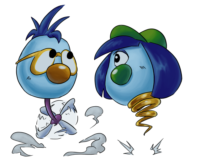 1boy 1girl baseball_cap black_eyes blue_hair blue_skin colored_skin dust glasses hat looking_up medium_hair no_humans no_mouth one-eyed propeller simonsoys spiky_hair spring_(object) transparent_background zoombinis