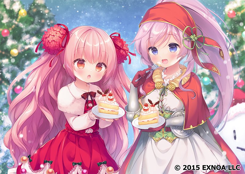 2girls :d apron blue_eyes blush brown_eyes cake cake_slice cape capelet character_request christmas christmas_ornaments christmas_tree commentary_request dress flower flower_knight_girl food fork gloves hair_flower hair_ornament hair_ribbon high_ponytail holding holding_fork holding_plate long_hair long_sleeves multiple_girls official_art pink_hair plate ponytail puffy_long_sleeves puffy_sleeves purple_hair red_cape red_capelet red_dress red_flower red_gloves red_ribbon red_skirt ribbon shirt skirt smile snowing usashiro_mani very_long_hair watermark white_apron white_capelet white_shirt