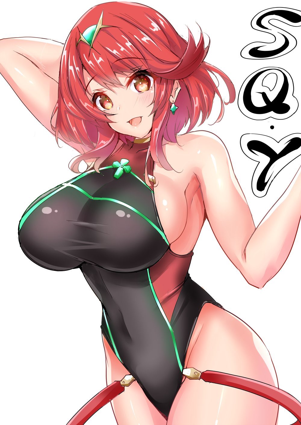 bangs black_swimsuit breasts chest_jewel competition_swimsuit covered_collarbone gem headpiece highres large_breasts one-piece_swimsuit pyra_(pro_swimmer)_(xenoblade) pyra_(xenoblade) red_eyes red_swimsuit redhead ribbed_swimsuit sankakusui short_hair strapless strapless_swimsuit swept_bangs swimsuit tiara two-tone_swimsuit xenoblade_chronicles_(series) xenoblade_chronicles_2