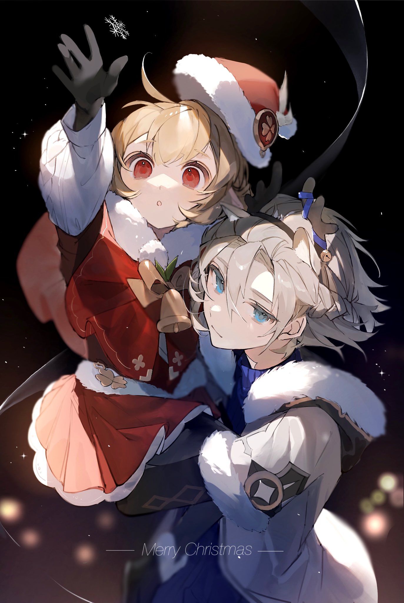 1boy 1girl :o albedo_(genshin_impact) bangs bell black_gloves blonde_hair blue_eyes blue_sweater blurry bokeh capelet carrying christmas clos clover depth_of_field english_commentary fake_antlers four-leaf_clover fur_trim genshin_impact gloves grey_hair hat highres jacket klee_(genshin_impact) long_sleeves merry_christmas parted_lips pointy_ears poscorn617 red_capelet red_eyes ribbed_sweater santa_hat snowflakes sweater turtleneck turtleneck_sweater