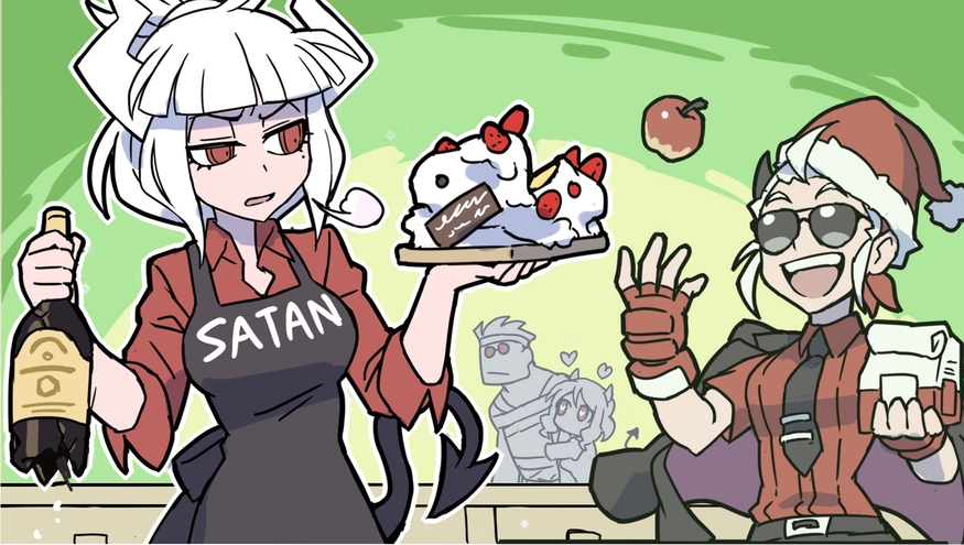 1boy 3girls =3 apple apron arm_hug bag black_horns black_tail bottle broken_bottle cake clothes_writing demon_girl demon_horns demon_tail english_text fingerless_gloves floating_heart food fruit gloves hat heart heart-shaped_pupils helltaker helltaker_(character) holding holding_bag holding_bottle holding_cake holding_food horns indoors jacket jacket_on_shoulders justice_(helltaker) kyo-hei_(kyouhei) lucifer_(helltaker) medium_hair modeus_(helltaker) mole mole_under_eye multiple_girls red_eyes red_gloves red_shirt santa_hat shirt short_hair short_sleeves sigh smile sunglasses symbol-only_commentary symbol-shaped_pupils tail tie_clip tied_hair white_hair white_horns