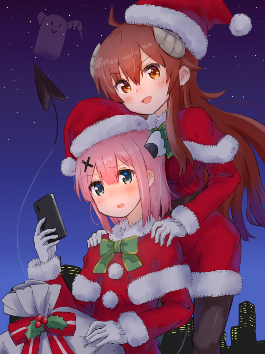 2girls bangs black_legwear blue_eyes blush bow brown_eyes brown_hair capelet cellphone chiyoda_momo christmas cityscape commentary_request demon_girl demon_horns demon_tail dress eyebrows_visible_through_hair fang frown fur-trimmed_capelet fur-trimmed_dress fur_trim gloves green_bow hair_ornament hands_on_another's_shoulders hat highres holding holding_phone holly horns kuramoto_takato long_hair long_sleeves looking_at_viewer machikado_mazoku multiple_girls night night_sky open_mouth outdoors pantyhose phone pink_hair red_bow red_capelet sack santa_dress santa_hat short_dress short_hair sitting sky smartphone smile smirk standing star_(sky) starry_sky sweatdrop tail white_gloves x_hair_ornament yoshida_yuuko_(machikado_mazoku)