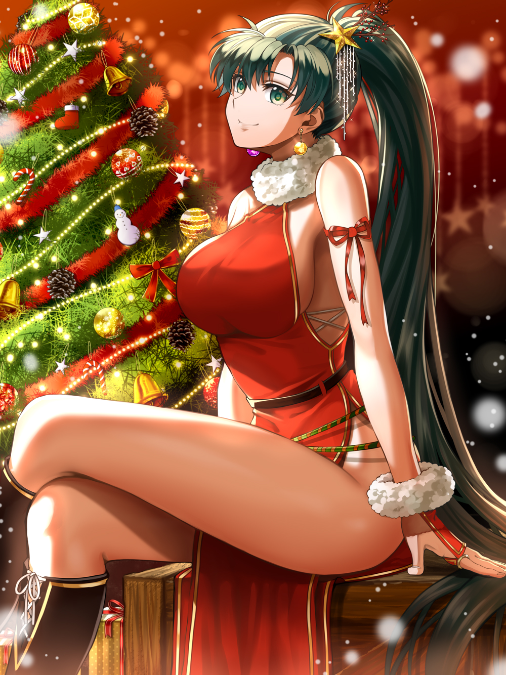 1girl arm_ribbon bell black_footwear blurry box breasts christmas commentary crossed_legs delsaber earrings fire_emblem fire_emblem:_the_binding_blade fur-trimmed_collar gem gift gift_box green_hair hair_between_eyes hair_ornament highres indoors jewelry large_breasts long_hair looking_to_the_side lyn_(fire_emblem) ponytail red_ribbon ribbon santa_costume sitting smile snow snowman solo star_(symbol)