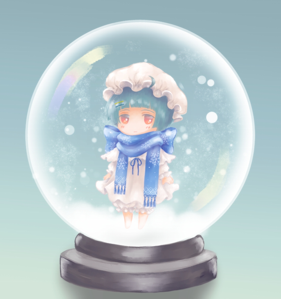 1girl ahoge blue_background blue_hair blue_scarf blush chibi commentary_request dress girls_frontline hair_ornament hairclip hat mob_cap red_eyes rutileq scarf short_hair snow snow_globe solo white_dress zas_m21_(girls'_frontline) zas_m21_(gunshot_in_the_snow)_(girls'_frontline)