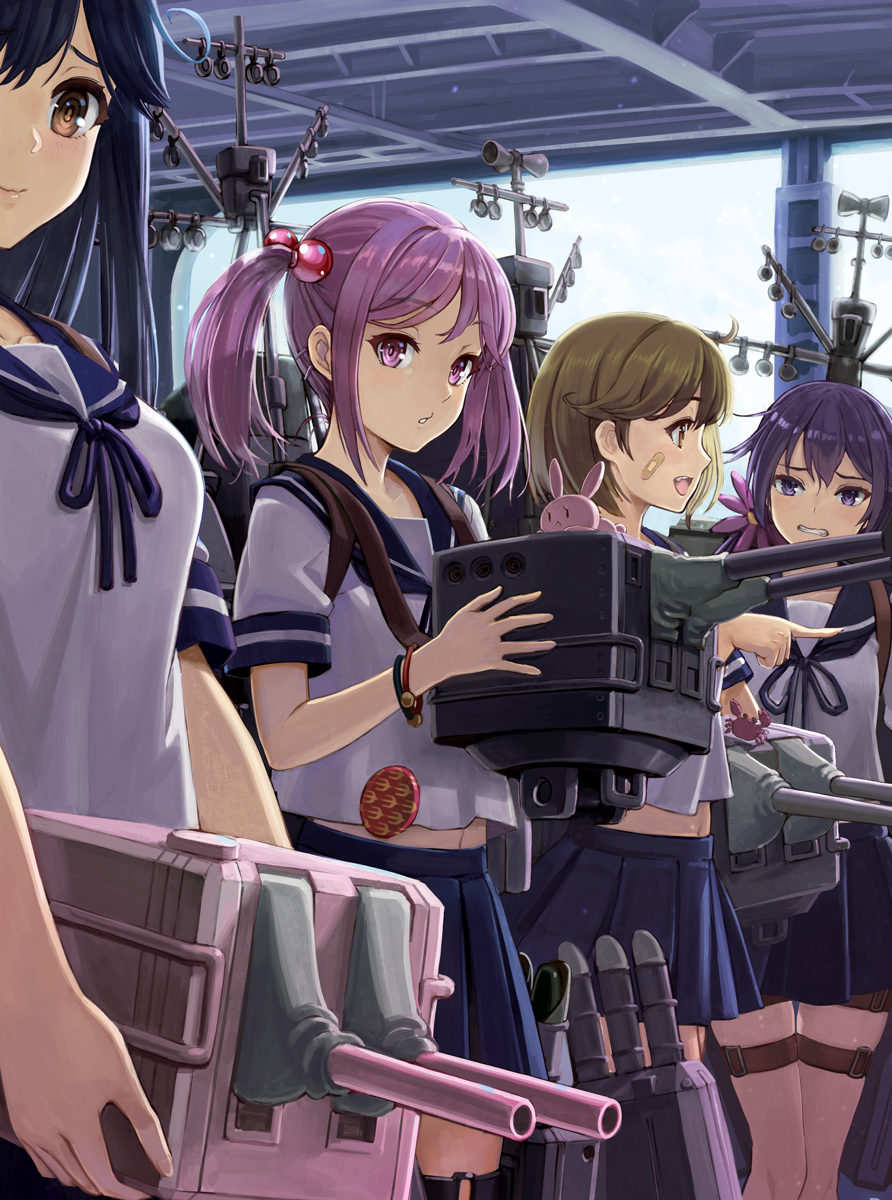 4girls ahoge akebono_(kancolle) animal bandaid bandaid_on_face bangs black_hair blouse blue_skirt blush bracelet breasts cannon carrying carrying_under_arm commentary_request cowboy_shot crab day eyebrows eyebrows_visible_through_hair eyelashes flat_chest flower hair_bobbles hair_flower hair_ornament highres holding jewelry kantai_collection lineup long_hair looking_at_another looking_at_viewer machinery mast medium_breasts midriff_peek miniskirt multiple_girls oboro_(kancolle) out_of_frame pink_eyes pink_hair pleated_skirt pointing profile purple_hair rabbit sazanami_(kancolle) school_uniform serafuku short_hair short_sleeves sidelocks skirt sky standing tantaka thigh_strap turret twintails ushio_(kancolle) violet_eyes white_blouse