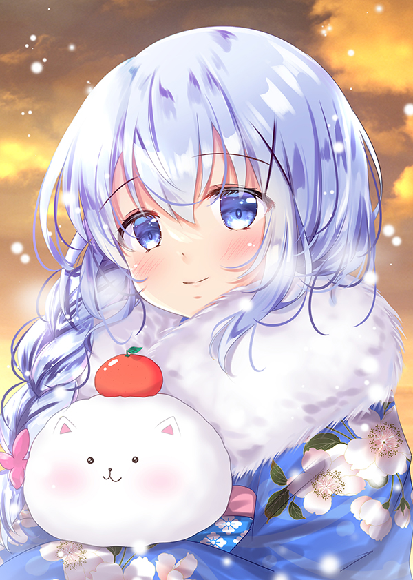 1girl angora_rabbit animal bangs blue_eyes blue_hair blue_kimono blush braid closed_mouth clouds cloudy_sky commentary_request eyebrows_visible_through_hair feather_boa floral_print gochuumon_wa_usagi_desu_ka? hair_between_eyes hair_ornament japanese_clothes kafuu_chino kimono long_hair print_kimono rabbit rikatan single_braid sky smile sunset tippy_(gochiusa) upper_body x_hair_ornament