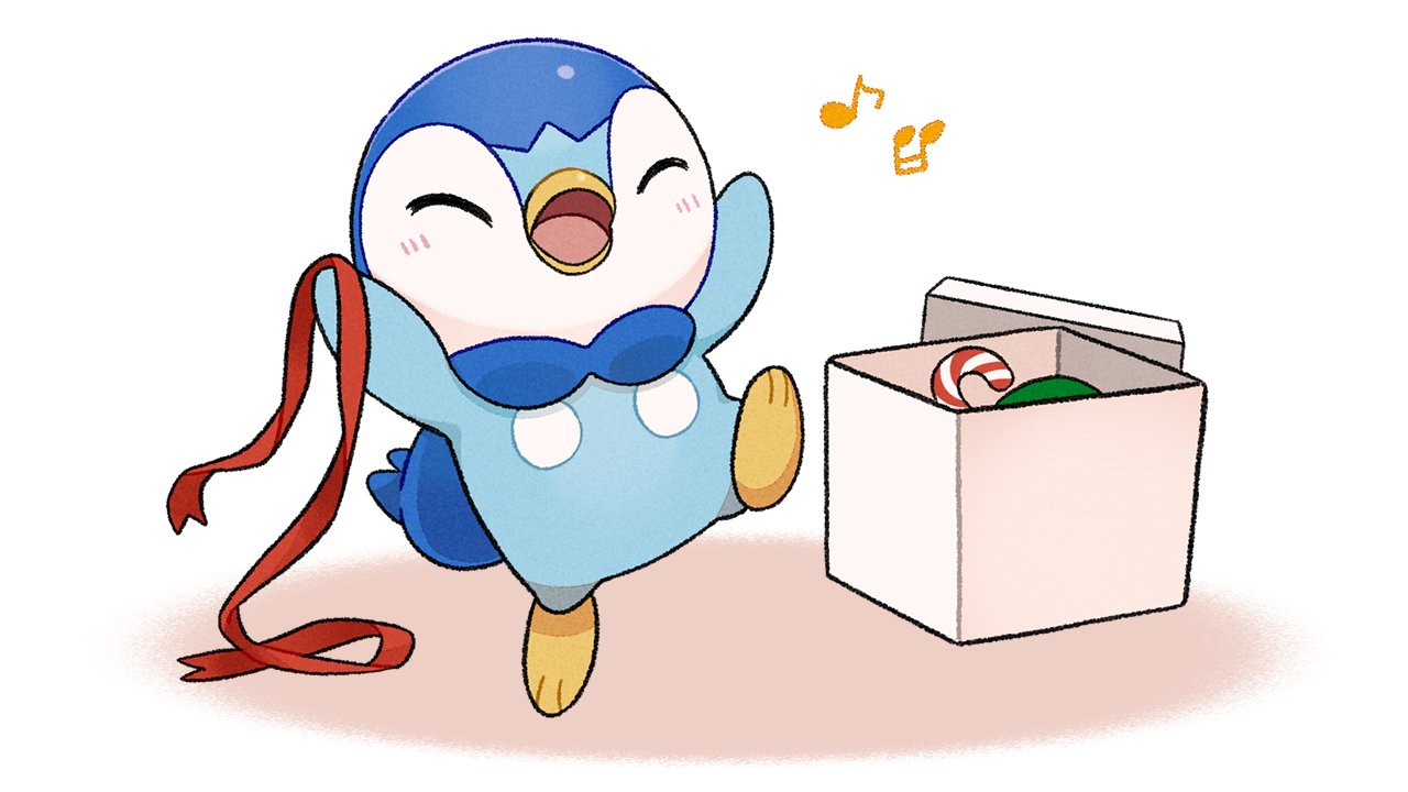 blush box candy candy_cane christmas closed_eyes commentary_request food gift gift_box happy leg_up musical_note no_humans official_art open_mouth piplup pokemon pokemon_(creature) project_pochama red_ribbon ribbon solo standing standing_on_one_leg tongue white_background