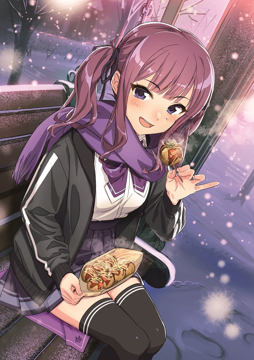 1girl bangs bench black_jacket black_legwear black_ribbon breasts chain commentary_request eyebrows_visible_through_hair food footprints hair_ribbon highres hotaru_iori ichimi_renge jacket long_hair long_sleeves looking_at_viewer looking_back natsuki_karin outdoors pinky_out pleated_skirt purple_hair purple_scrunchie purple_skirt ribbon scarf scrunchie shirt sitting skirt snow snowing solo steam synthesizer_v takoyaki thigh-highs tree twintails violet_eyes white_shirt