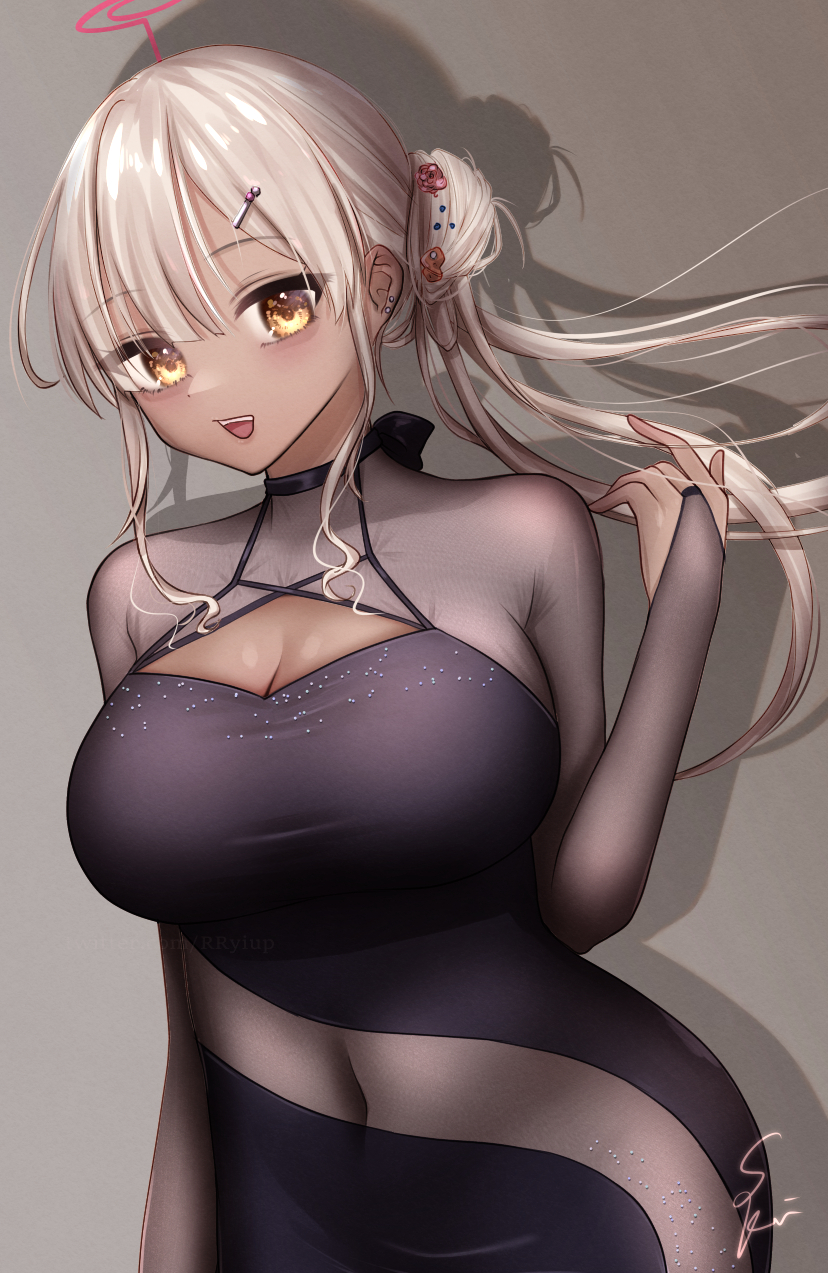 1girl breasts bridal_gauntlets brown_eyes cleavage_cutout clothing_cutout cocktail_dress covered_navel dark-skinned_female dark_skin dress earrings hair_ornament hairclip highres hololive hololive_english jewelry large_breasts long_hair rryiup signature tsukumo_sana virtual_youtuber