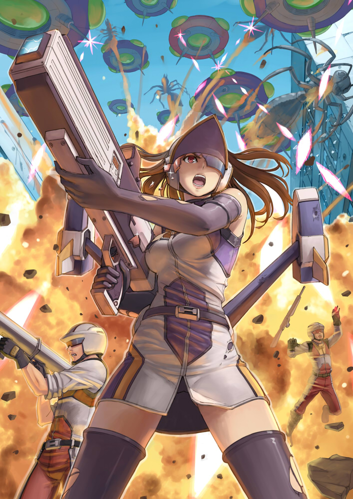1girl 2boys belt breasts brown_hair earth_defense_force explosion firing gloves gun helmet holding large_breasts long_hair multiple_boys open_mouth pale_wing red_eyes rifle tantaka thigh-highs visor weapon