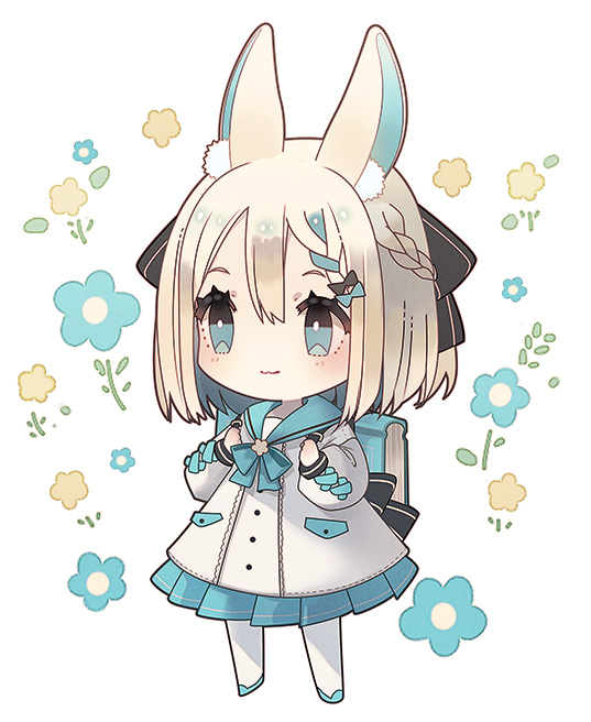 1girl animal_ear_fluff animal_ears backpack bag bangs black_bow blonde_hair blue_bow blue_footwear blue_hair blue_sailor_collar blush bow braid chibi closed_mouth commentary_request dress floral_background frilled_dress frills hair_between_eyes hair_bow long_sleeves looking_away multicolored_hair original pantyhose puffy_long_sleeves puffy_sleeves rabbit_ears sailor_collar sailor_dress shoes simple_background sleeves_past_wrists smile solo streaked_hair white_background white_dress white_legwear yuzuyomogi