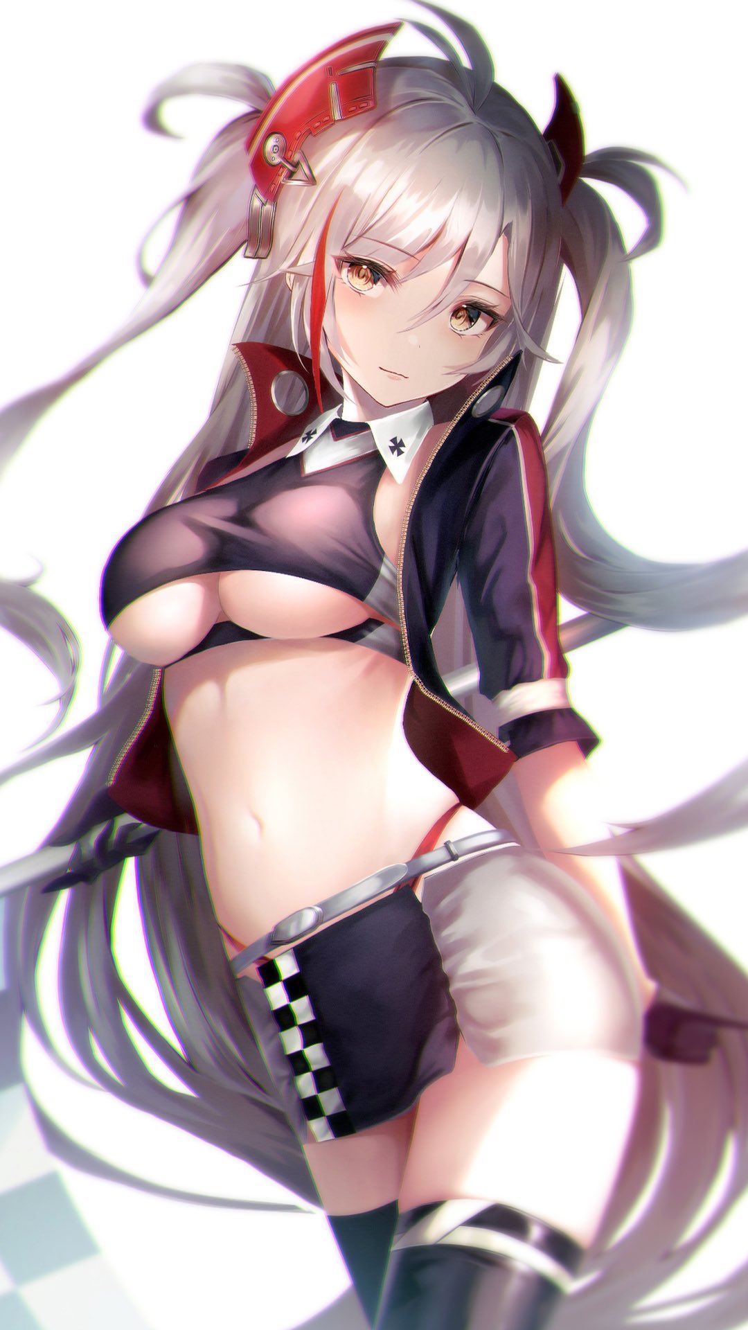 1girl antenna_hair azur_lane black_jacket black_legwear black_shirt breasts brown_eyes closed_mouth clothing_cutout collared_shirt cowboy_shot crop_top cropped_jacket hair_ornament highleg highres jacket large_breasts long_hair looking_at_viewer midriff miniskirt multicolored_hair navel open_clothes open_jacket prinz_eugen_(azur_lane) prinz_eugen_(final_lap)_(azur_lane) racequeen revealing_clothes shirt skirt sleeveless sleeveless_shirt solo stomach streaked_hair taut_clothes taut_shirt thigh-highs two_side_up under_boob underboob_cutout very_long_hair white_hair yk_(pixiv43531291) zettai_ryouiki