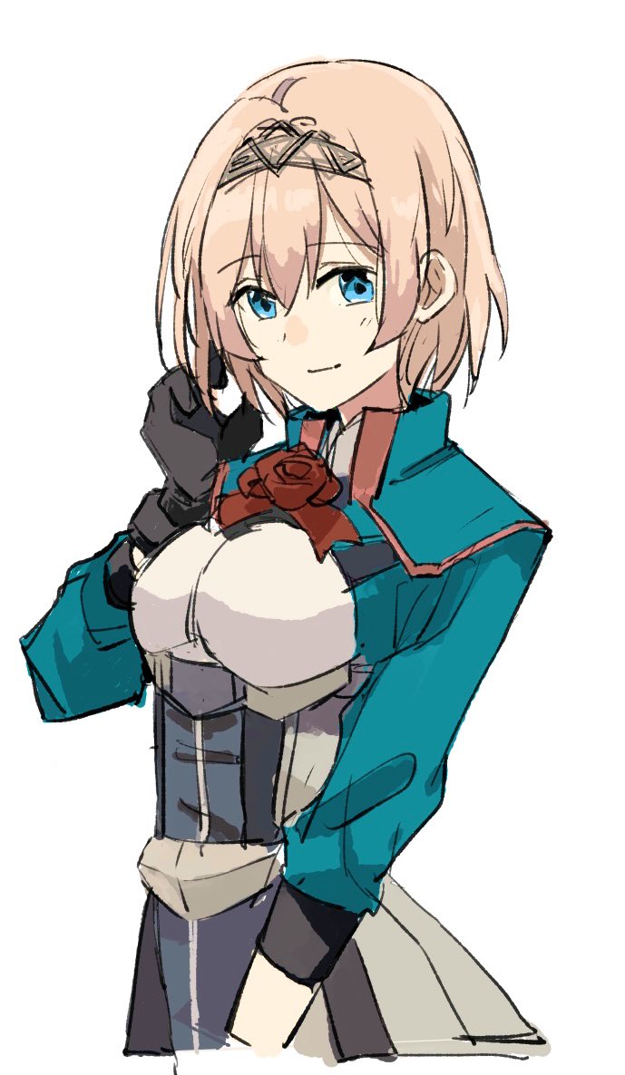 1girl black_gloves blonde_hair blue_eyes blue_jacket breasts commentary_request cropped_jacket flower gloves jacket kantai_collection looking_at_viewer medium_breasts military military_uniform official_alternate_hair_length red_flower red_rose rose shirt short_hair simple_background solo takamachiya uniform victorious_(kancolle) white_background white_shirt