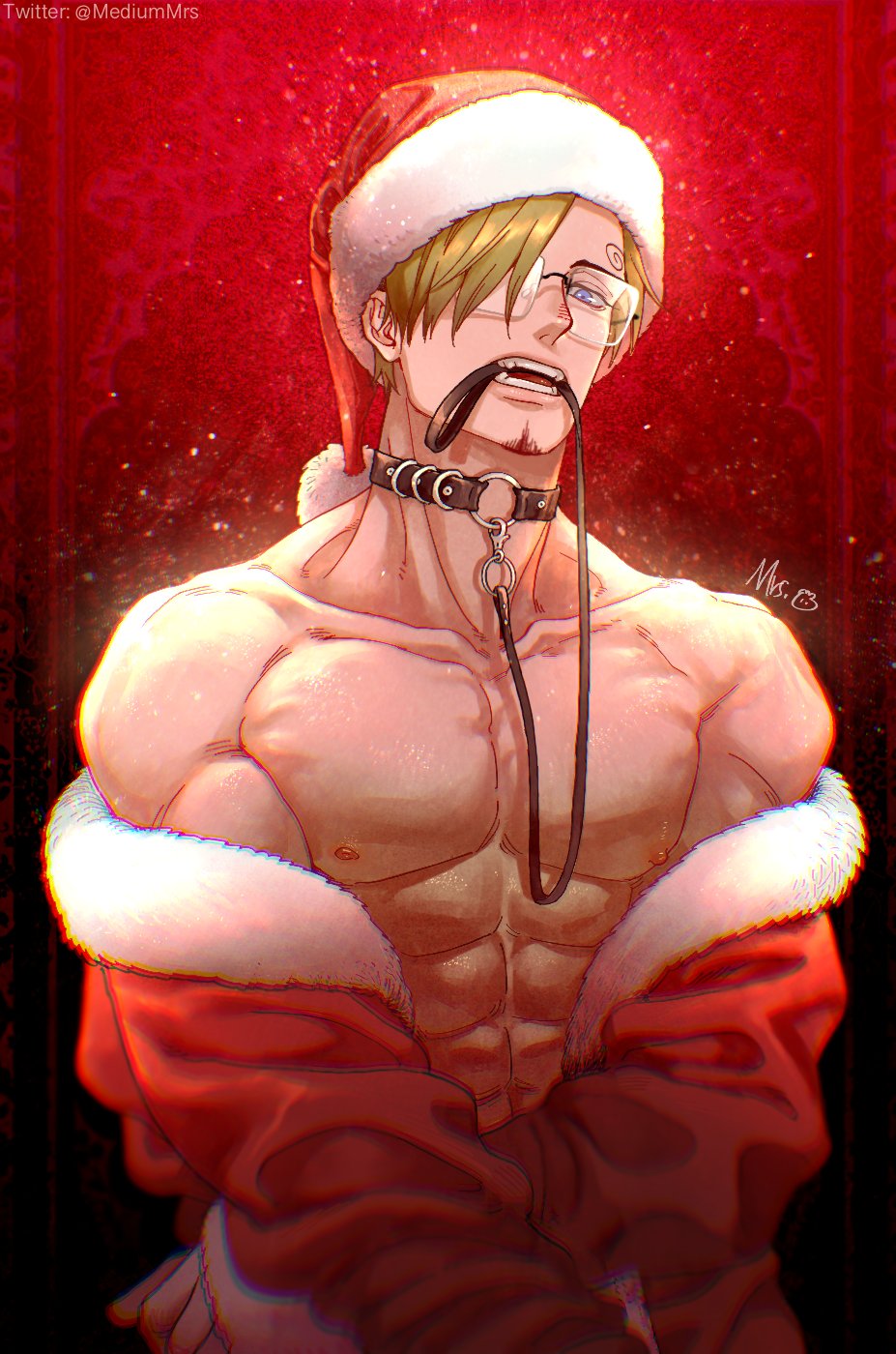1boy abs animal_collar bare_pectorals bare_shoulders bespectacled blonde_hair blue_eyes collar collarbone fangs fur-trimmed_jacket fur-trimmed_sleeves fur_trim glasses hair_over_one_eye half-closed_eye hat highres holding holding_leash jacket leash long_sleeves looking_at_viewer male_focus mouth_hold mrs.custard muscular muscular_male nipples off_shoulder one_piece open_clothes open_jacket pectorals pom_pom_(clothes) rectangular_eyewear rimless_eyewear sanji santa_hat short_hair solo stomach teeth_hold twitter_username upper_body