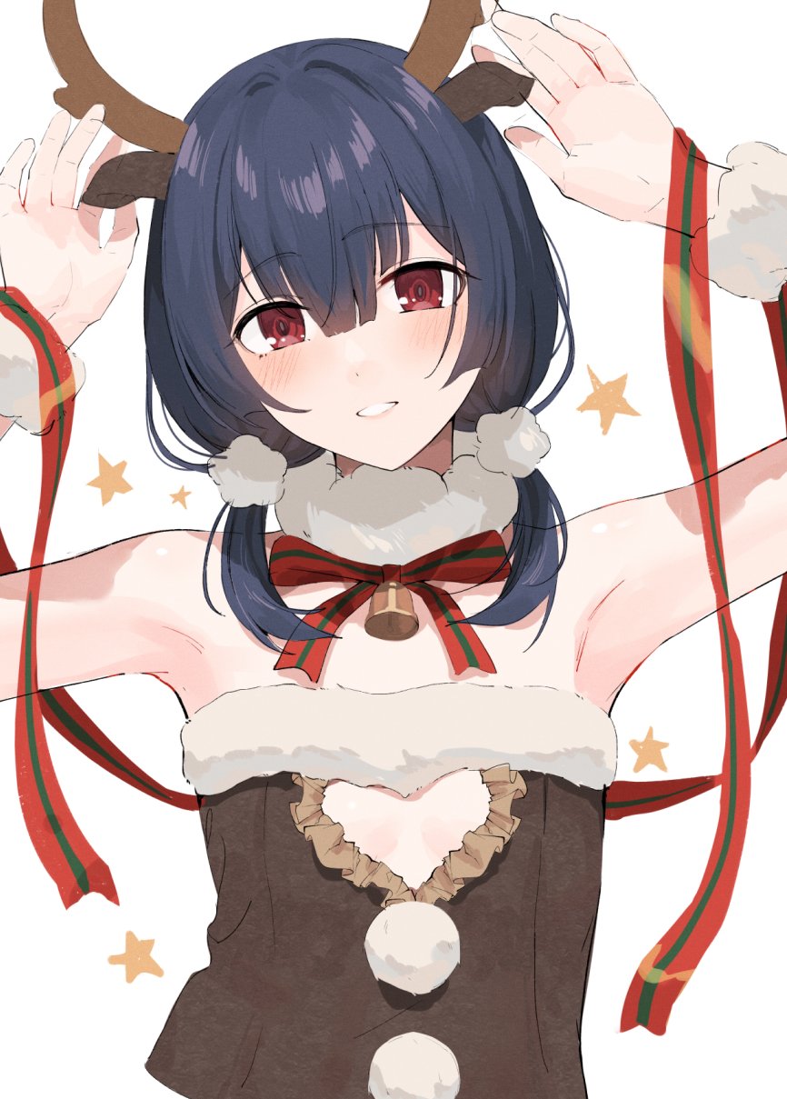 1girl animal_ears antlers armpits arms_up bangs bare_shoulders bell black_dress black_hair blush bow commentary_request cropped_torso deer_ears dress eyebrows_visible_through_hair fur-trimmed_dress fur_trim gin00 hair_between_eyes hair_over_shoulder head_tilt highres idolmaster idolmaster_shiny_colors kemonomimi_mode looking_at_viewer low_twintails morino_rinze parted_lips red_bow red_eyes reindeer_antlers simple_background smile solo star_(symbol) strapless strapless_dress striped striped_bow twintails upper_body white_background