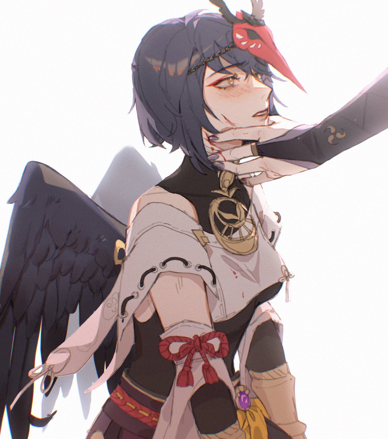 2girls bangs bird_mask bird_wings black_gloves black_shirt black_wings blood blue_hair breast_curtains elbow_gloves feathered_wings fingerless_gloves from_side genshin_impact gloves halterneck hand_on_another's_face highres kujou_sara looking_at_another mask mask_on_head mitsudomoe_(shape) multiple_girls oastlv out_of_frame parted_lips purple_nails raiden_shogun red_mask scratches shirt short_hair simple_background tomoe_(symbol) upper_body vision_(genshin_impact) white_background wings yellow_eyes
