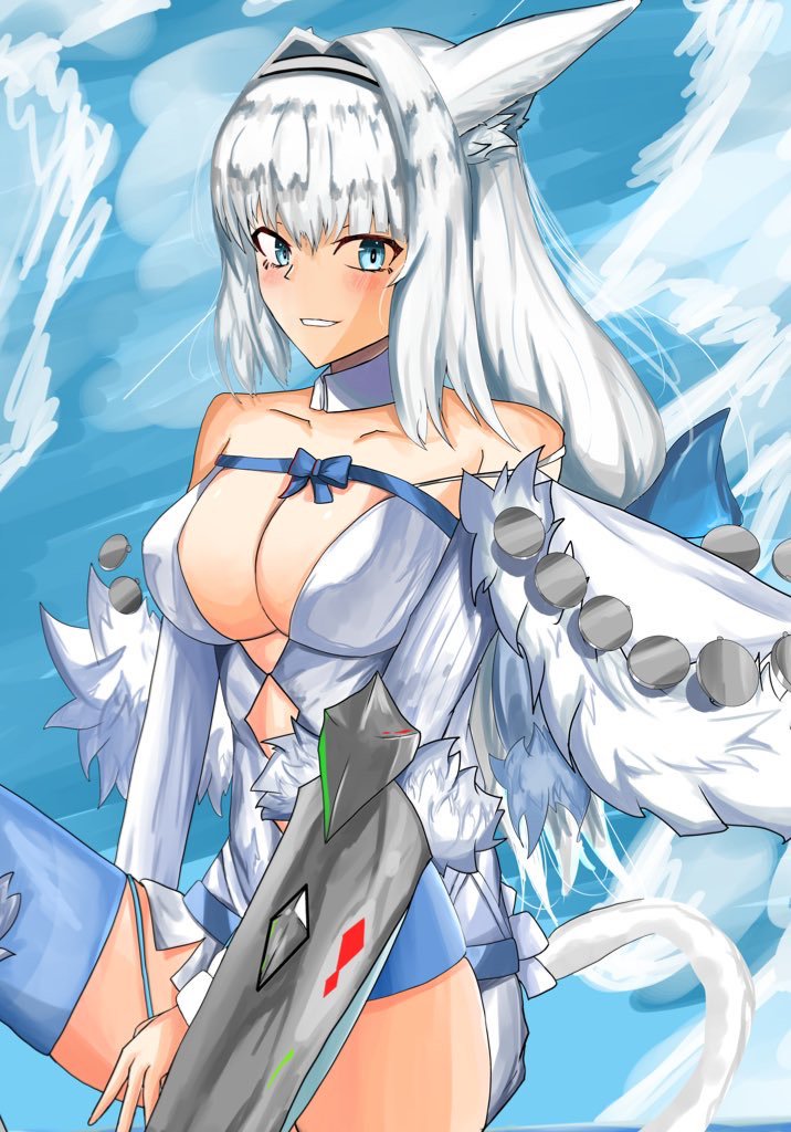 1girl absurdres animal_ears armored_boots bangs blue_bow blue_eyes blue_ribbon blush boots bow breasts brown_legwear buttons cape capelet cat_ears cat_girl cat_tail crop_top crop_top_overhang dobrynya_nikitich_(fate) dress fate/grand_order fate_(series) fur-trimmed_capelet fur-trimmed_headwear fur_trim gauntlets grey_dress hair_bow hat highres knee_boots kuro_ranban large_breasts long_hair long_sleeves looking_at_viewer low_ponytail mace medium_breasts pantyhose ribbon short_dress smile solo tail thighs weapon white_cape white_capelet white_hair white_headwear
