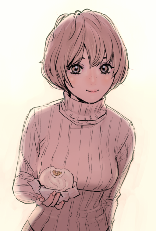 1girl backlighting baozi blush food freckles holding holding_food light_brown_eyes light_brown_hair looking_at_viewer original peco_(pockleberry) ribbed_sweater short_hair smile solo sweater turtleneck upper_body