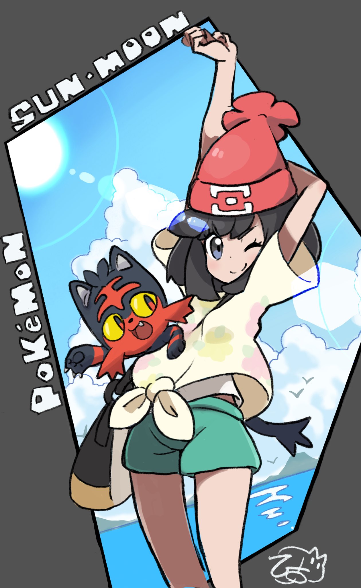 1girl ;) arm_up bangs beanie black_hair blush closed_mouth clouds commentary copyright_name eyelashes floral_print green_shorts grey_eyes hat highres hiisu_(s-1104-d) litten one_eye_closed pokemon pokemon_(creature) pokemon_(game) pokemon_sm red_headwear selene_(pokemon) shirt short_shorts short_sleeves shorts sky smile split_mouth stretch sun t-shirt tied_shirt
