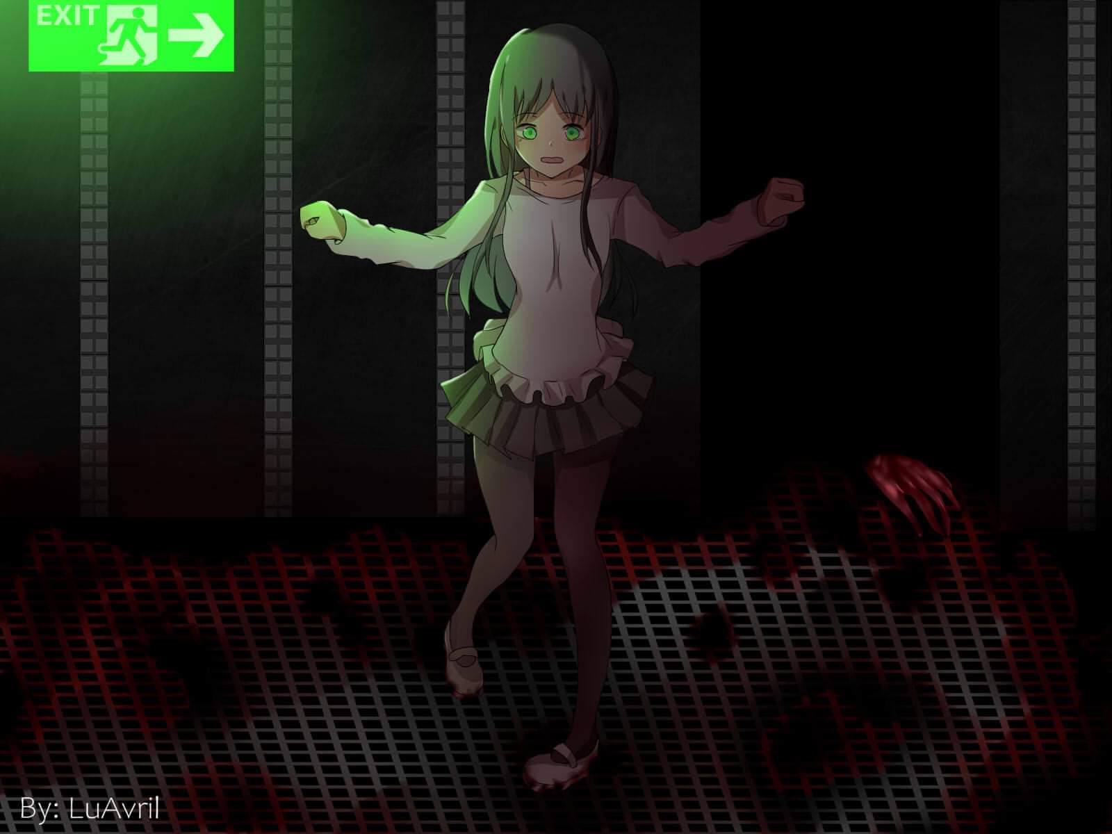 1girl bangs blood blood_on_floor blood_on_shoes blood_on_wall breasts clenched_hands emma_s._white exit_sign eyebrows eyebrows_visible_through_hair eyes green_eyes grey_hair grey_miniskirt grey_tights hair long_hair long_sleeves luavril07 medium_breasts miniskirt open_eyes open_mouth pleated_miniskirt pleated_skirt purgatory_(series) sexy shoes sign skirt straight_hair tights top white_shoes white_top