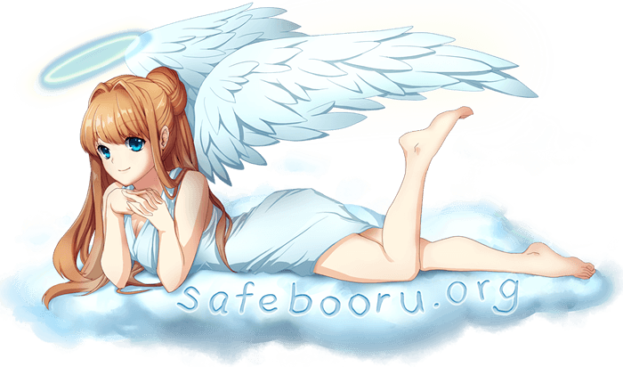 1girl angel angel_wings artist_request bare_legs barefoot blue_eyes breasts brown_hair cleavage cloud dress full_body halo interlocked_fingers leg_up long_hair lying lying_on_cloud mascot official_art on_cloud on_stomach own_hands_clasped own_hands_together safebooru safebooru-tan simple_background smile solo thighs toes transparent_background watermark web_address white_dress wings