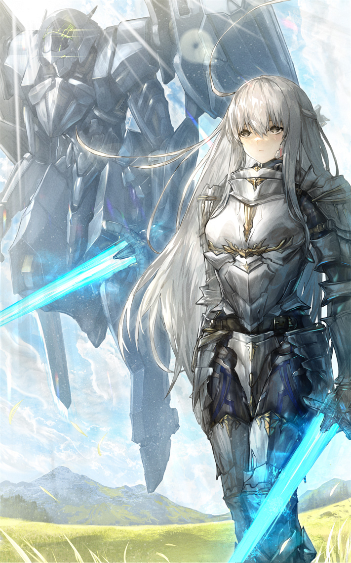 1girl armor armored_boots arms_at_sides boots breastplate clouds cloudy_sky commentary_request energy_sword expressionless fantasy faulds flying gauntlets grasslands grey_hair holding holding_sword holding_weapon kazunari_(prawn10231) knight long_hair mecha mountain original plate_armor science_fiction shoulder_armor sky solo sword very_long_hair weapon wind wind_lift yellow_eyes