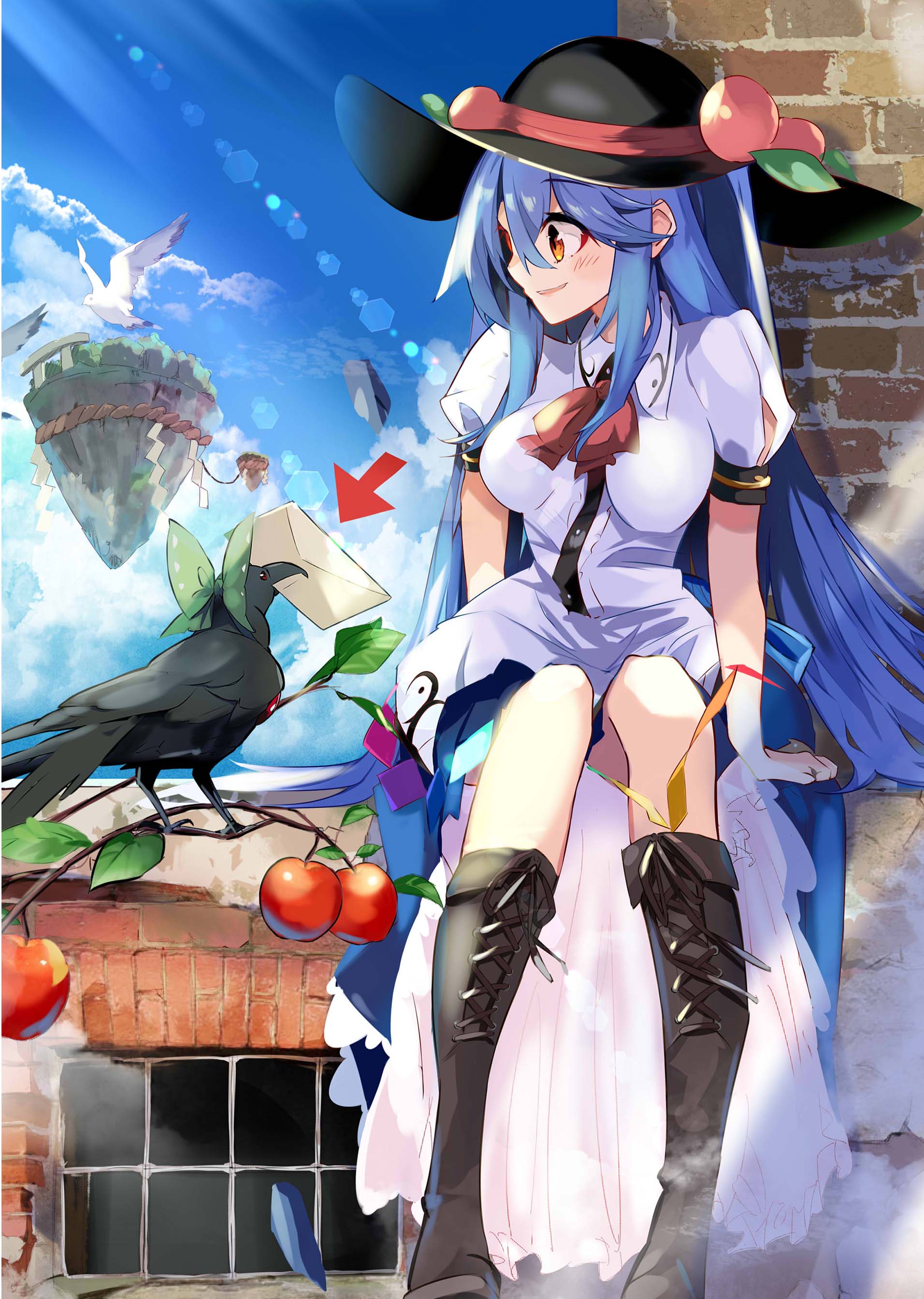 1girl absurdres apron bangs beak_hold bird black_headwear black_legwear blouse blue_bow blue_dress blue_hair blue_skirt blue_sky boots bow branch brick_wall commentary_request cross-laced_footwear dress food frills from_side fruit hat heaven highres hinanawi_tenshi keystone knee_boots large_bow leaf lens_flare letter long_hair looking_at_another miniskirt open_mouth peach pleated_skirt puffy_short_sleeves puffy_sleeves rainbow_gradient rainbow_order red_bow red_eyes reiuji_utsuho reiuji_utsuho_(bird) rope scenery shimenawa short_sleeves sitting skirt sky smile socks sword_of_hisou tetsurou_(fe+) touhou tree twig white_blouse wing_collar