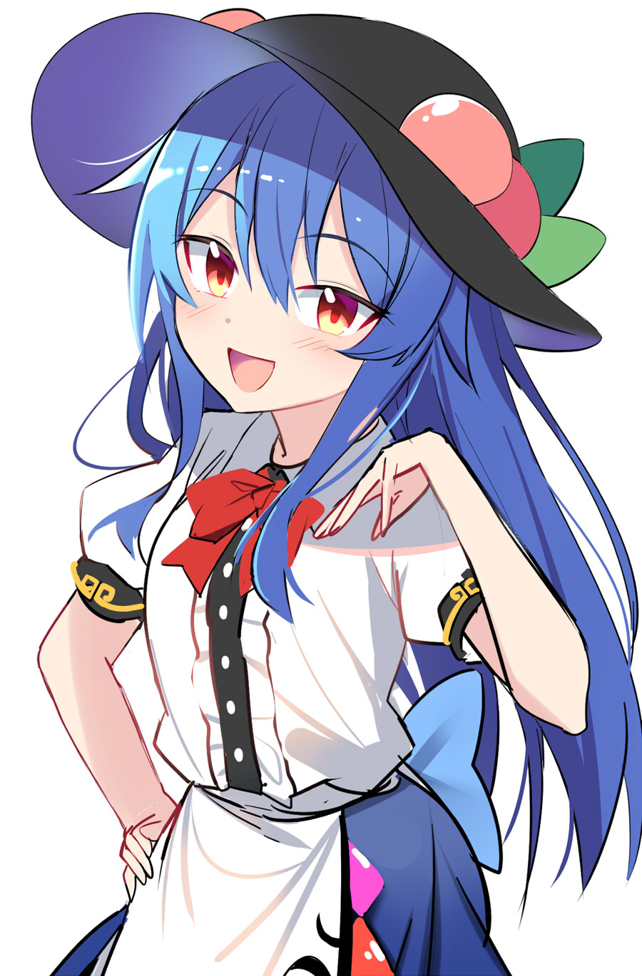 1girl back_bow bangs black_headwear blue_bow blue_hair blue_skirt blush bow bowtie breasts buttons collar collared_shirt duplicate e.o. eyebrows_visible_through_hair food fruit hair_between_eyes hand_on_hip hand_up hat highres hinanawi_tenshi leaf long_hair looking_at_viewer medium_breasts multicolored_eyes open_mouth peach pixel-perfect_duplicate puffy_short_sleeves puffy_sleeves red_bow red_bowtie red_eyes shirt short_hair short_sleeves simple_background skirt smile solo standing tongue touhou white_background white_shirt yellow_eyes