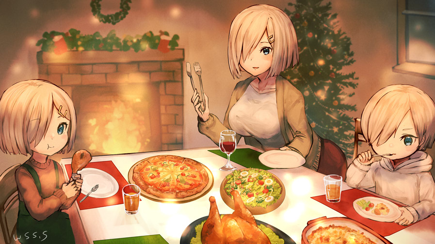 3girls alcohol blue_eyes blush chair christmas christmas_ornaments christmas_tree commission cup drink drinking_glass eating food green_skirt hair_ornament hair_over_one_eye hairclip hamakaze_(kancolle) holding holding_food hood hoodie kantai_collection long_sleeves multiple_girls multiple_persona open_mouth pizza short_hair silver_hair sitting skeb_commission skirt smile suspender_skirt suspenders turkey_(food) utensil_in_mouth white_hoodie window wine wine_glass wss_(nicoseiga19993411)