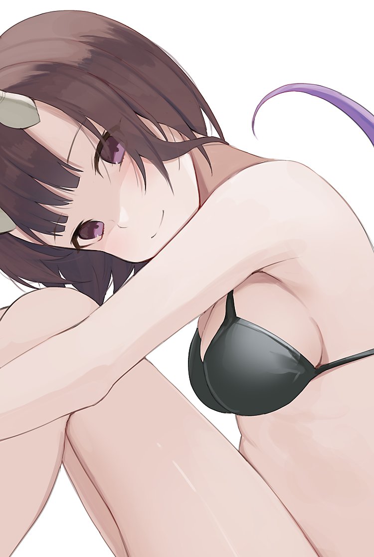 1girl bare_shoulders bikini black_bikini breasts brown_hair closed_mouth eriko_(princess_connect!) eyebrows_visible_through_hair from_side hiroki_(yyqw7151) horns knees_up light_smile looking_at_viewer princess_connect! short_hair simple_background skindentation solo swimsuit tail tail_raised thighs violet_eyes white_background