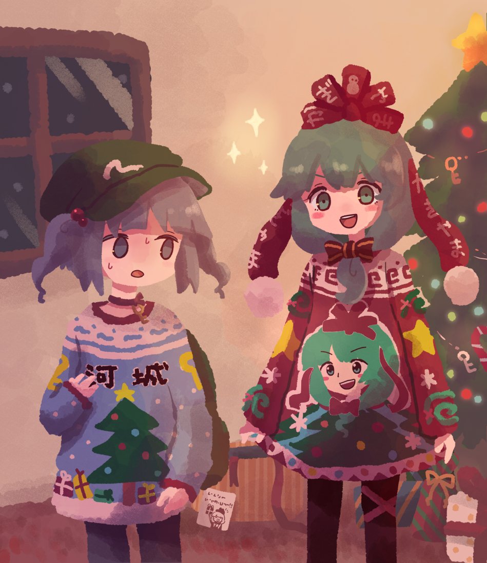 2girls :d alternate_costume bangs blue_eyes blue_hair blue_sweater christmas_tree clothes_writing flat_cap front_ponytail green_eyes green_hair green_headwear hair_bobbles hair_ornament hair_ribbon hat indoors kagiyama_hina kanno_fumiroku kawashiro_nitori long_sleeves looking_at_another multiple_girls open_mouth red_ribbon red_sweater ribbon short_hair smile standing star_(symbol) sweat sweater touhou two_side_up window