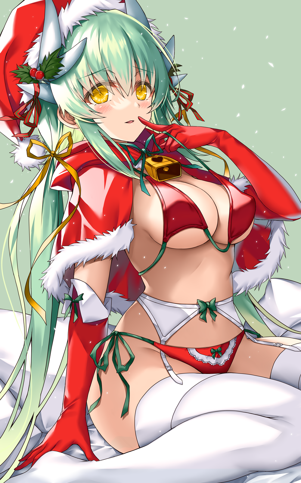 1girl alternate_costume breasts capelet christmas dragon_girl dragon_horns elbow_gloves fate/grand_order fate_(series) fur-trimmed_capelet fur-trimmed_gloves fur-trimmed_headwear fur_trim garter_belt gloves highres horns kiyohime_(fate) large_breasts long_hair morizono_shiki multiple_horns red_capelet red_gloves red_headwear sitting solo thigh-highs wariza white_garter_belt white_garter_straps white_legwear