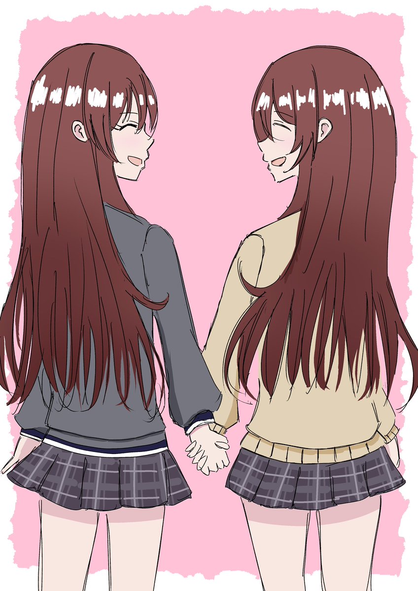 2girls absurdres beige_sweater blue_neckwear brown_eyes brown_hair collared_shirt eyebrows_visible_through_hair from_above gradient gradient_background grey_jacket hair_between_eyes hands_clasped highres idolmaster idolmaster_shiny_colors jacket long_hair looking_at_viewer multiple_girls one_eye_closed oosaki_amana oosaki_tenka open_mouth own_hands_together pixiv95001383 plaid plaid_skirt pleated_skirt school_uniform shirt siblings sidelocks skirt standing straight_hair striped striped_neckwear tokufumi twins white_shirt