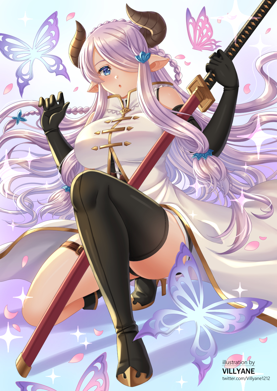 1girl :o animal artist_name asymmetrical_footwear bare_shoulders black_footwear black_gloves black_legwear black_shorts blue_eyes blush boots braid breasts bug butterfly commentary_request curled_horns draph elbow_gloves gloves granblue_fantasy hair_over_one_eye hands_up highres holding holding_sword holding_weapon horns jacket katana large_breasts long_hair narmaya_(granblue_fantasy) parted_lips pointy_ears purple_hair sheath sheathed short_shorts shorts single_thigh_boot solo sword thigh-highs thigh_boots very_long_hair villyane watermark weapon web_address white_jacket
