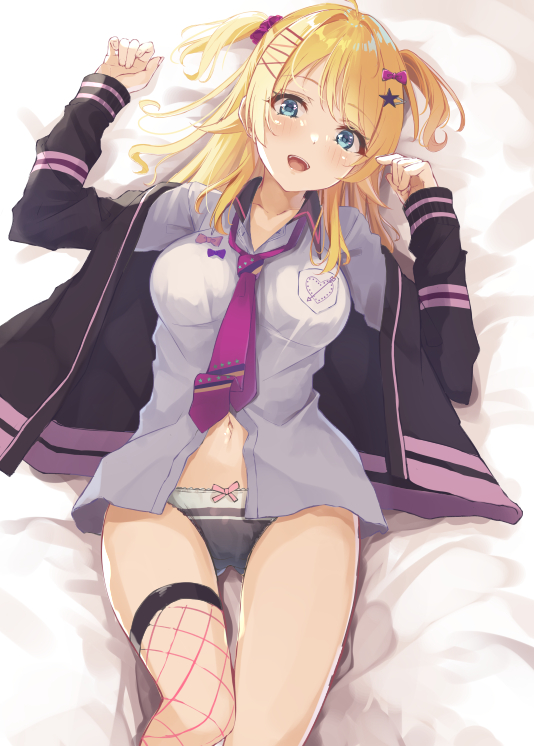 1girl ass_visible_through_thighs black_panties blonde_hair blue_eyes bow bow_panties breasts collarbone collared_shirt cowboy_shot fishnet_legwear fishnets hachimiya_meguru hair_intakes hair_ornament hairclip hatsu_(first_snow) heart idolmaster idolmaster_shiny_colors jacket large_breasts long_sleeves looking_at_viewer lying midriff_peek navel necktie on_back open_clothes open_jacket open_mouth panties partially_unbuttoned pink_necktie shirt single_thighhigh smile solo thigh-highs thigh_gap two_side_up underwear white_shirt