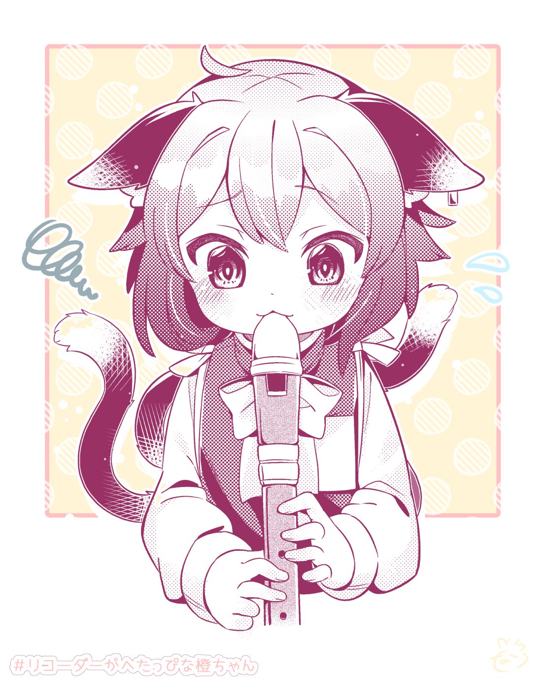 1girl animal_ears cat_ears cat_tail chen cropped_torso flying_sweatdrops highres ibaraki_natou instrument looking_down monochrome multiple_tails music nekomata no_hat no_headwear playing_instrument recorder short_hair simple_background solo squiggle tail touhou two_tails upper_body